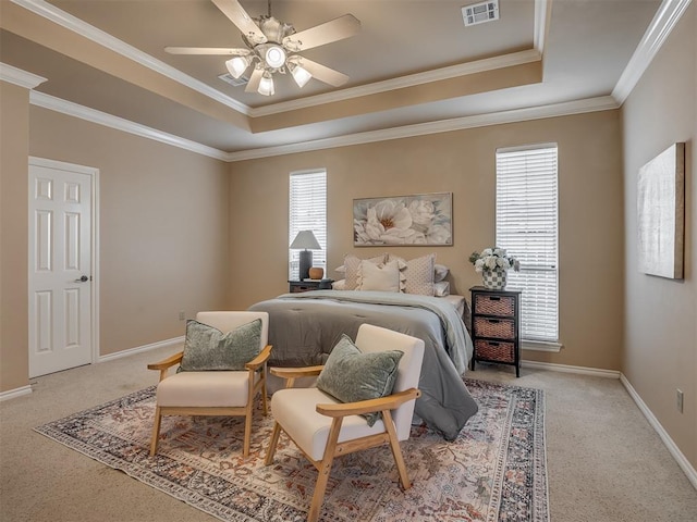 325 NW 146th St, Edmond, OK 73013 - carpeted bedroom featuring a raised ceiling, crown molding, and ceiling fan