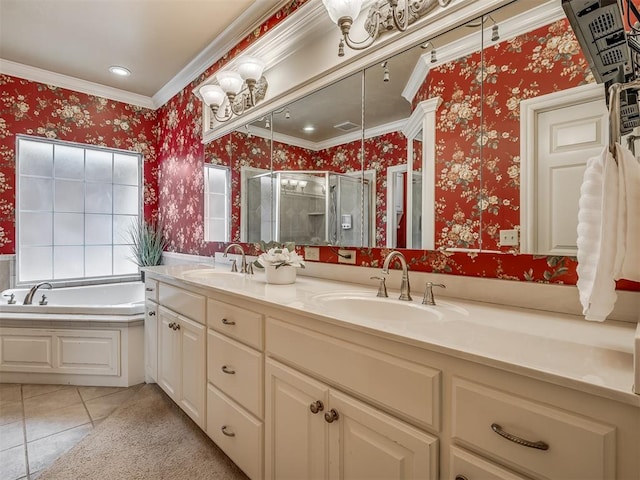 325 NW 146th St, Edmond, OK 73013 - bathroom featuring wallpapered walls, ornamental molding, double vanity, a shower stall, and tile patterned flooring