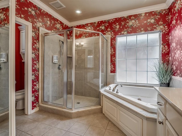 325 NW 146th St, Edmond, OK 73013 - full bathroom with plenty of natural light, tile patterned floors, a tub with jets, ornamental molding, and recessed lighting