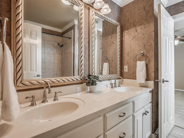 325 NW 146th St, Edmond, OK 73013 - bathroom featuring ornamental molding, double vanity, and a shower