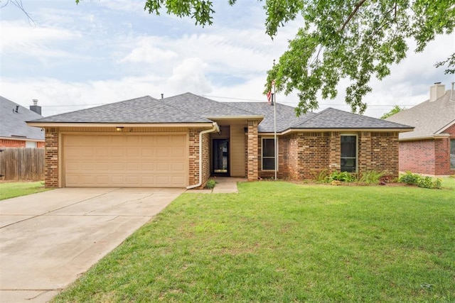 1729 Dena Dr, Edmond, OK 73003 - ranch-style house with driveway, a garage, brick siding, and roof with shingles