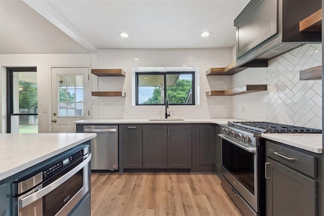 1729 Dena Dr, Edmond, OK 73003 - kitchen featuring open shelves, appliances with stainless steel finishes, light wood-style flooring, decorative backsplash, and light stone counters