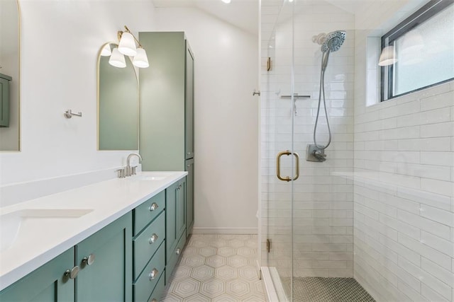 1729 Dena Dr, Edmond, OK 73003 - full bathroom featuring a shower stall, double vanity, and tile patterned floors