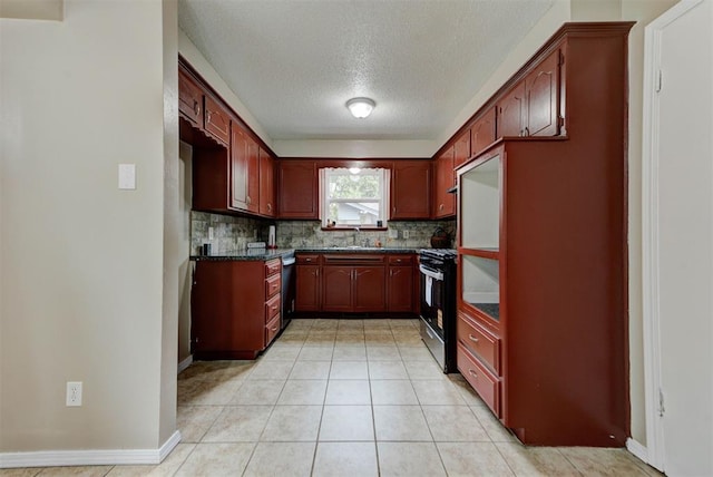 3708 Greenway Ter, Del City, OK 73115 - kitchen with stainless steel range with gas stovetop, dark countertops, a textured ceiling, dark brown cabinets, and tasteful backsplash