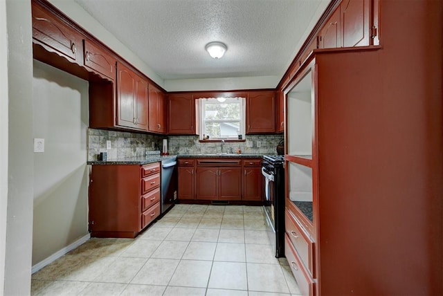 3708 Greenway Ter, Del City, OK 73115 - kitchen featuring black gas range oven, stainless steel dishwasher, a textured ceiling, backsplash, and light tile patterned floors