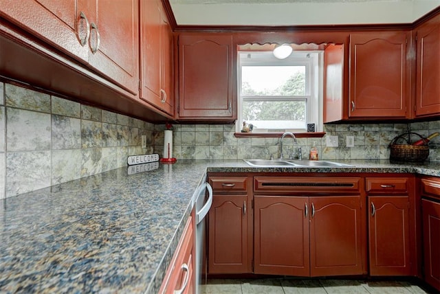 3708 Greenway Ter, Del City, OK 73115 - kitchen with decorative backsplash, dark countertops, and stainless steel dishwasher