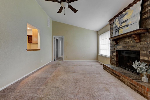 442 W Apple Branch Way, Mustang, OK 73064 - unfurnished living room with ceiling fan, vaulted ceiling, carpet flooring, and a fireplace