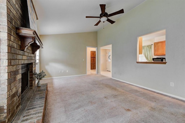 442 W Apple Branch Way, Mustang, OK 73064 - unfurnished living room with a brick fireplace, a ceiling fan, carpet, and high vaulted ceiling