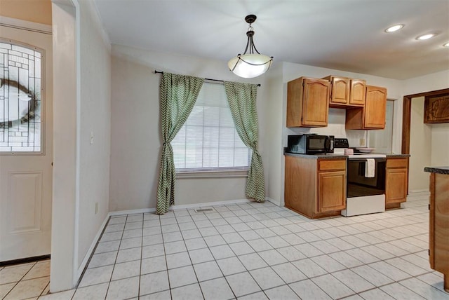 442 W Apple Branch Way, Mustang, OK 73064 - kitchen with electric range oven, black microwave, recessed lighting, decorative light fixtures, and dark countertops