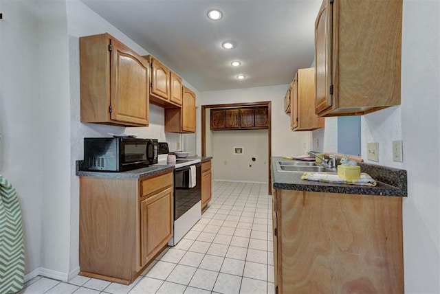 442 W Apple Branch Way, Mustang, OK 73064 - kitchen featuring electric stove, black microwave, light tile patterned floors, dark countertops, and recessed lighting