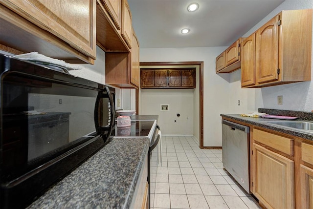 442 W Apple Branch Way, Mustang, OK 73064 - kitchen featuring dishwasher, dark countertops, black microwave, range with electric cooktop, and light tile patterned floors