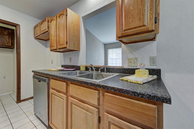 442 W Apple Branch Way, Mustang, OK 73064 - kitchen featuring stainless steel dishwasher, dark countertops, light tile patterned floors, and a textured wall