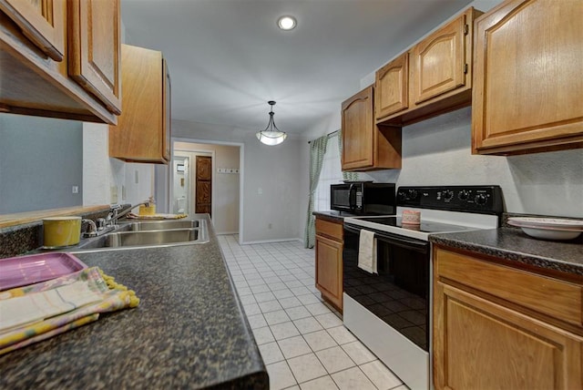 442 W Apple Branch Way, Mustang, OK 73064 - kitchen featuring range with electric stovetop, black microwave, dark countertops, light tile patterned floors, and pendant lighting