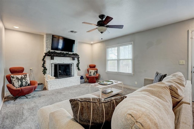 1701 Andover Ct, The Village, OK 73120 - living area featuring carpet, a brick fireplace, a ceiling fan, and recessed lighting