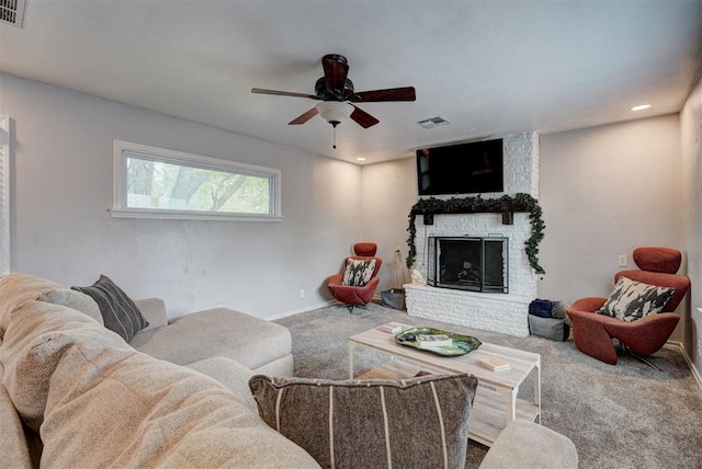 1701 Andover Ct, The Village, OK 73120 - carpeted living area featuring a ceiling fan, a large fireplace, and recessed lighting