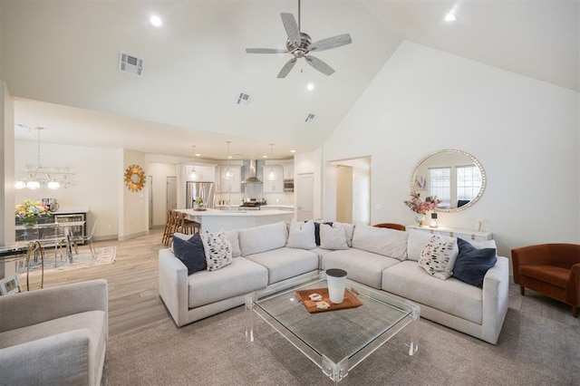 5521 N Miller Ave, Oklahoma City, OK 73112 - living area with high vaulted ceiling, ceiling fan, and recessed lighting