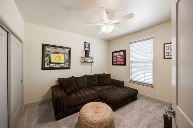 5521 N Miller Ave, Oklahoma City, OK 73112 - carpeted living room featuring baseboards and a ceiling fan