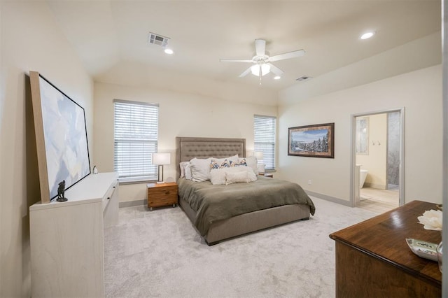 5521 N Miller Ave, Oklahoma City, OK 73112 - bedroom featuring light carpet, recessed lighting, ensuite bath, lofted ceiling, and ceiling fan