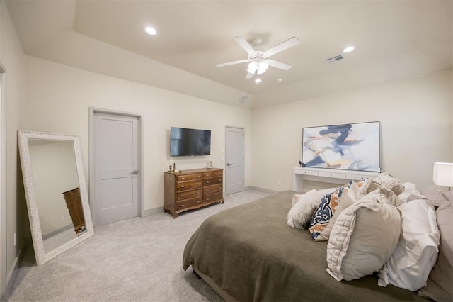 5521 N Miller Ave, Oklahoma City, OK 73112 - bedroom with light colored carpet, a ceiling fan, recessed lighting, and lofted ceiling