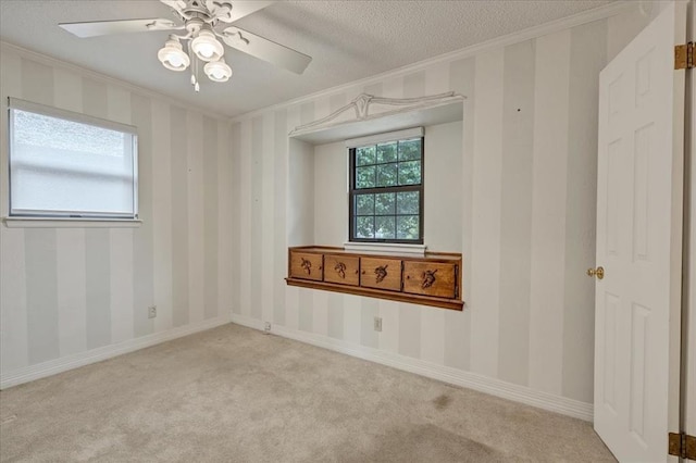 829 Arnold Ave, Moore, OK 73160 - carpeted spare room featuring ornamental molding, a textured ceiling, and ceiling fan