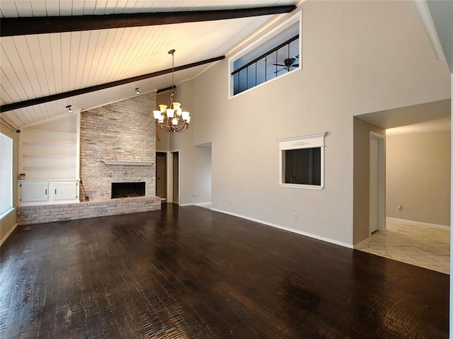 11208 NW 113th St, Yukon, OK 73099 - unfurnished living room featuring a chandelier, high vaulted ceiling, wood finished floors, a fireplace, and a wooden ceiling with exposed beams
