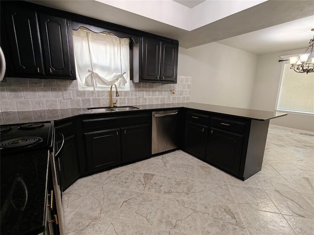 11208 NW 113th St, Yukon, OK 73099 - kitchen with dishwasher, dark cabinets, a chandelier, and dark countertops