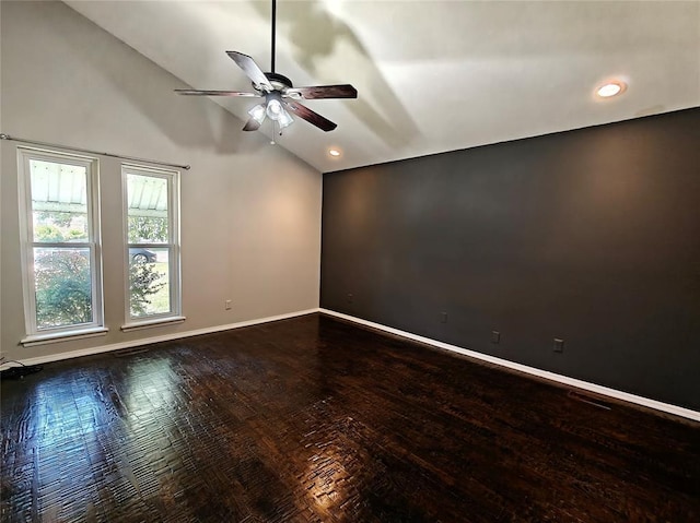 11208 NW 113th St, Yukon, OK 73099 - empty room with lofted ceiling, ceiling fan, dark wood-type flooring, and recessed lighting