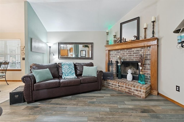 6005 SE 82nd Cir, Oklahoma City, OK 73135 - living room featuring lofted ceiling, wood finished floors, and a fireplace