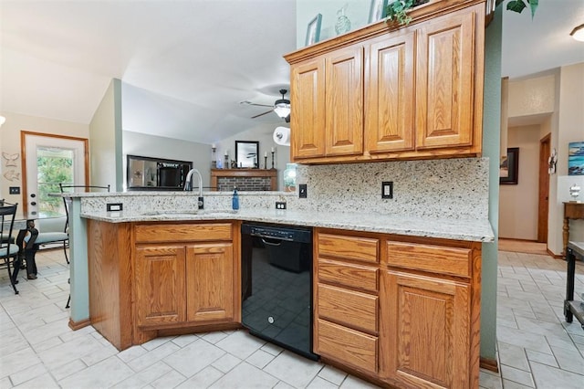 6005 SE 82nd Cir, Oklahoma City, OK 73135 - kitchen with dishwasher, a peninsula, lofted ceiling, ceiling fan, and light stone counters