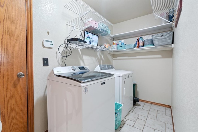 6005 SE 82nd Cir, Oklahoma City, OK 73135 - washroom featuring washing machine and clothes dryer and light tile patterned floors