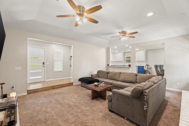 104 N Ramblin Oaks Dr, Moore, OK 73160 - living room featuring light carpet, a ceiling fan, and recessed lighting
