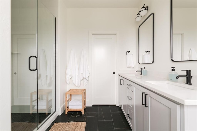 1900 Runway Blvd, Oklahoma City, OK 73108 - full bathroom with a shower stall, double vanity, and tile patterned flooring