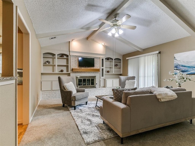 1221 Val Genes Rd, Edmond, OK 73003 - carpeted living room with a textured ceiling, ceiling fan, a brick fireplace, and built in shelves