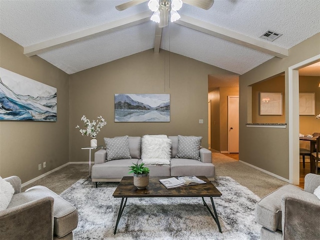 1221 Val Genes Rd, Edmond, OK 73003 - living room with a ceiling fan, carpet flooring, and a textured ceiling