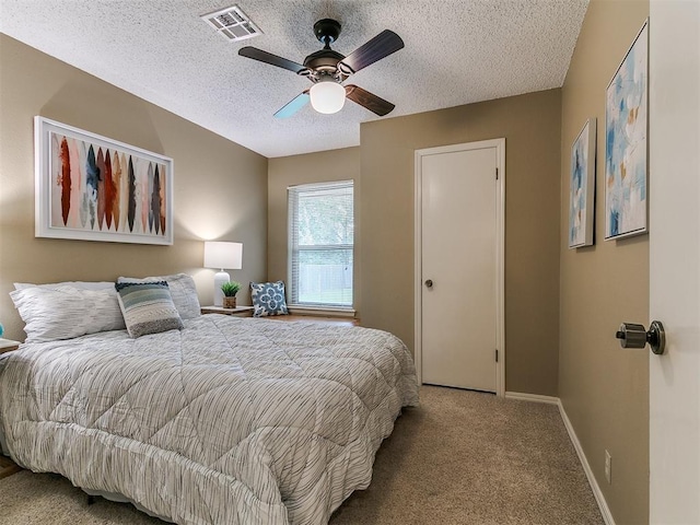 1221 Val Genes Rd, Edmond, OK 73003 - bedroom with a textured ceiling, carpet flooring, and ceiling fan