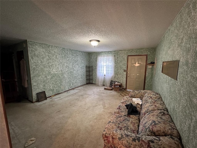 1217 Dove Hollow Dr, Tecumseh, OK 74873 - unfurnished living room featuring a textured ceiling and carpet floors