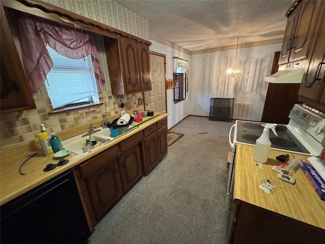 1217 Dove Hollow Dr, Tecumseh, OK 74873 - kitchen featuring under cabinet range hood, a textured ceiling, light colored carpet, white range with electric stovetop, and light countertops