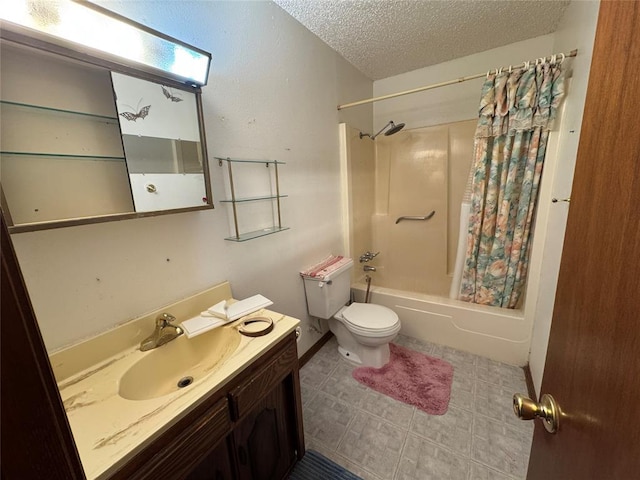 1217 Dove Hollow Dr, Tecumseh, OK 74873 - full bath with a textured ceiling, shower / bathtub combination with curtain, vanity, and tile patterned floors