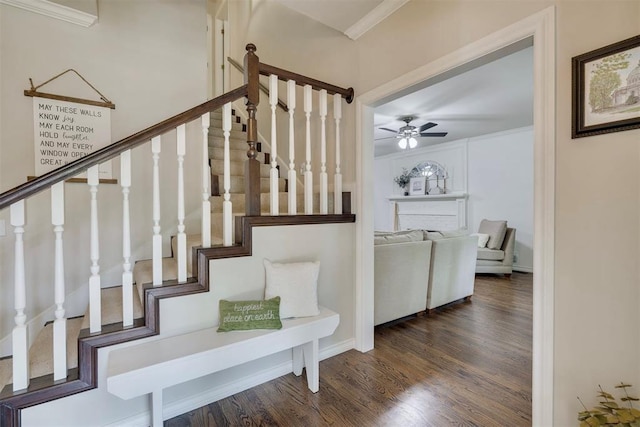 4201 Echohollow Trl, Edmond, OK 73025 - stairway featuring wood finished floors, a ceiling fan, and crown molding