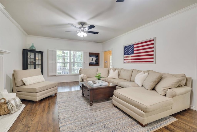 4201 Echohollow Trl, Edmond, OK 73025 - living room with ceiling fan, wood finished floors, and crown molding