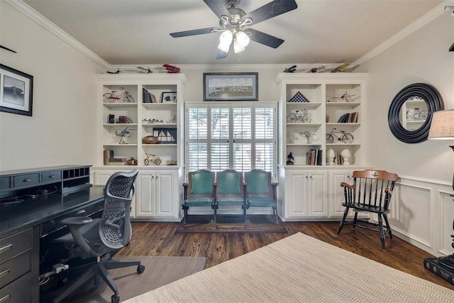 4201 Echohollow Trl, Edmond, OK 73025 - office with dark wood-style flooring, crown molding, and ceiling fan