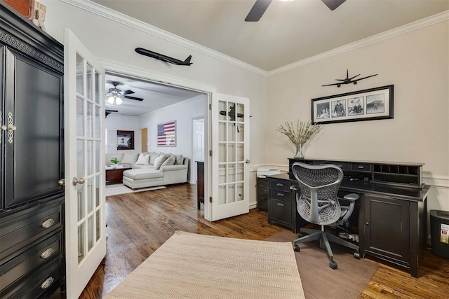 4201 Echohollow Trl, Edmond, OK 73025 - home office featuring french doors, a ceiling fan, ornamental molding, and dark wood-type flooring
