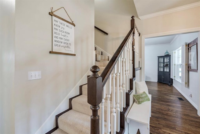 4201 Echohollow Trl, Edmond, OK 73025 - staircase with ornamental molding and wood finished floors