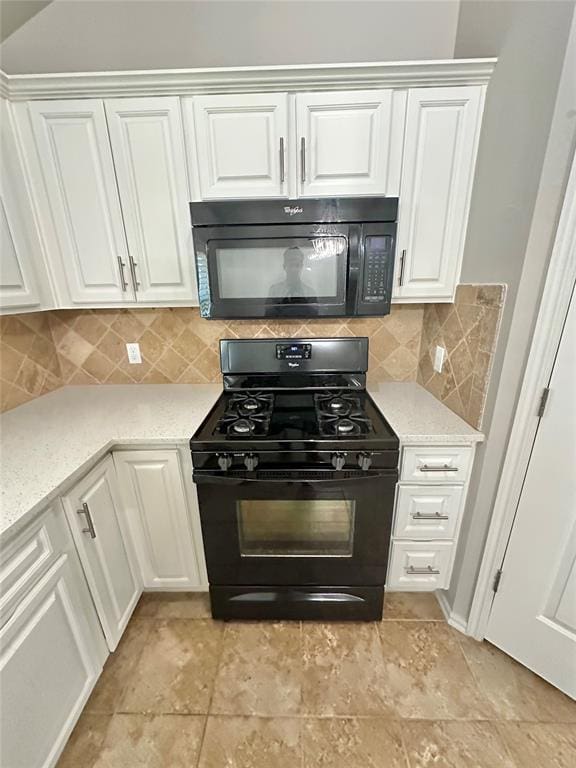 3600 Green Apple Pl, Moore, OK 73160 - kitchen featuring black appliances, white cabinets, decorative backsplash, and light stone counters