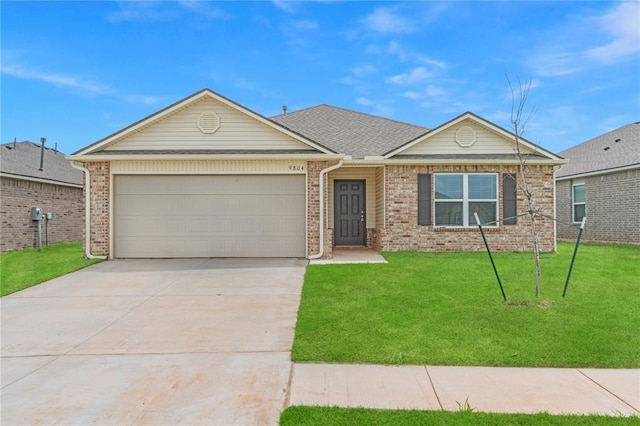 9804 Saddle Dr, Yukon, OK 73099 - ranch-style house with driveway, a front lawn, a garage, and brick siding