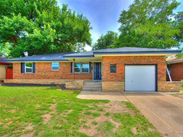 1420 SW 67th St, Oklahoma City, OK 73159 - single story home with a garage, a front yard, driveway, and brick siding