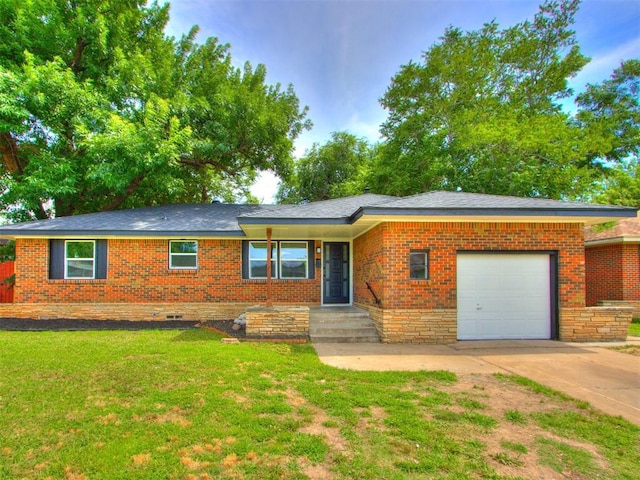 1420 SW 67th St, Oklahoma City, OK 73159 - ranch-style home with an attached garage, a front lawn, driveway, and brick siding