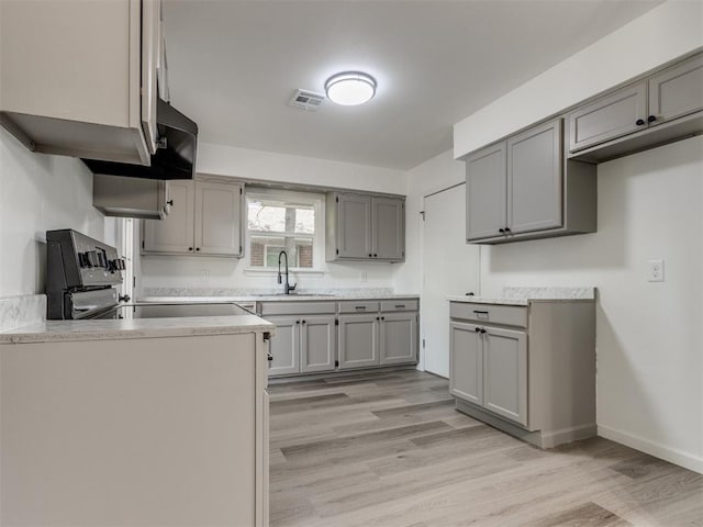 1420 SW 67th St, Oklahoma City, OK 73159 - kitchen featuring gray cabinetry, light wood finished floors, light countertops, and range