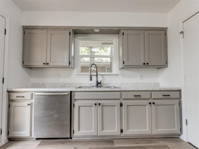 1420 SW 67th St, Oklahoma City, OK 73159 - kitchen with dishwasher, gray cabinets, and light wood-type flooring