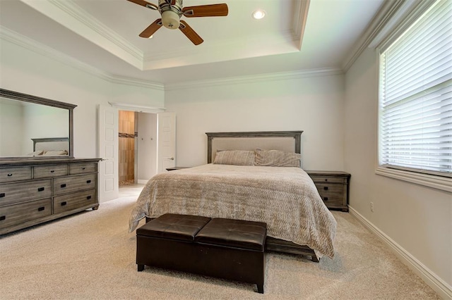 15728 Egerton Pl, Edmond, OK 73013 - carpeted bedroom with a tray ceiling, ornamental molding, ceiling fan, and recessed lighting